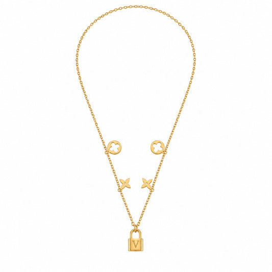 Colier ROXE Golden Lock Elegance – lanț dublu cu simboluri și pandantiv lacăt, design premium, 45 cm