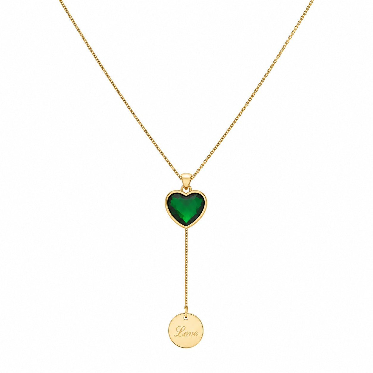 Colier ROXE Golden Love Drop cu inimă verde smarald și pandantiv gravat, design elegant, 45 cm