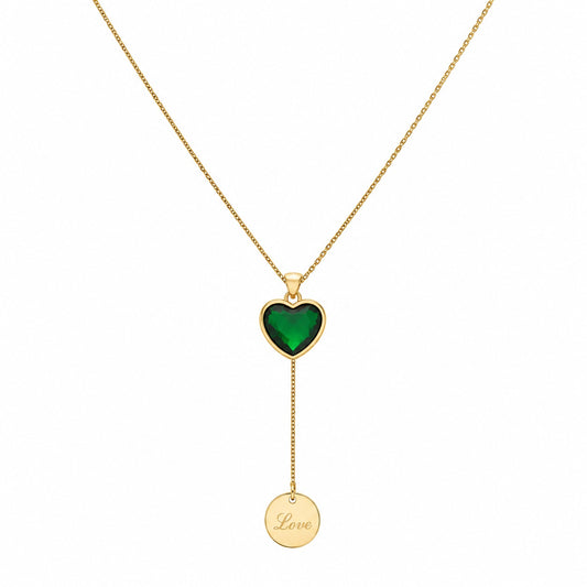 Colier ROXE Golden Love Drop cu inimă verde smarald și pandantiv gravat, design elegant, 45 cm