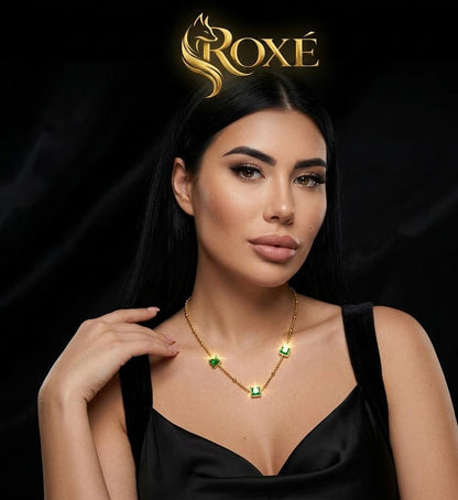Colier ROXE Luxury Golden Chain cu pietre verzi smarald, design elegant, 45 cm