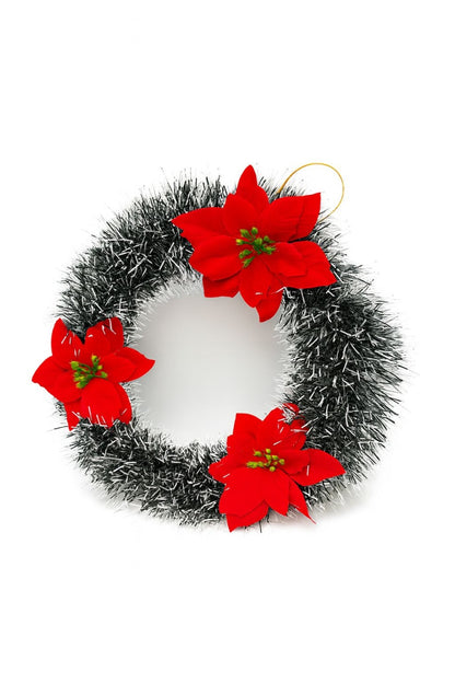 COROANA DECORATIVA CRACIUN CU GHIRLANDA ARGINTIE SI POINSETTIA ROSIE, 30cm