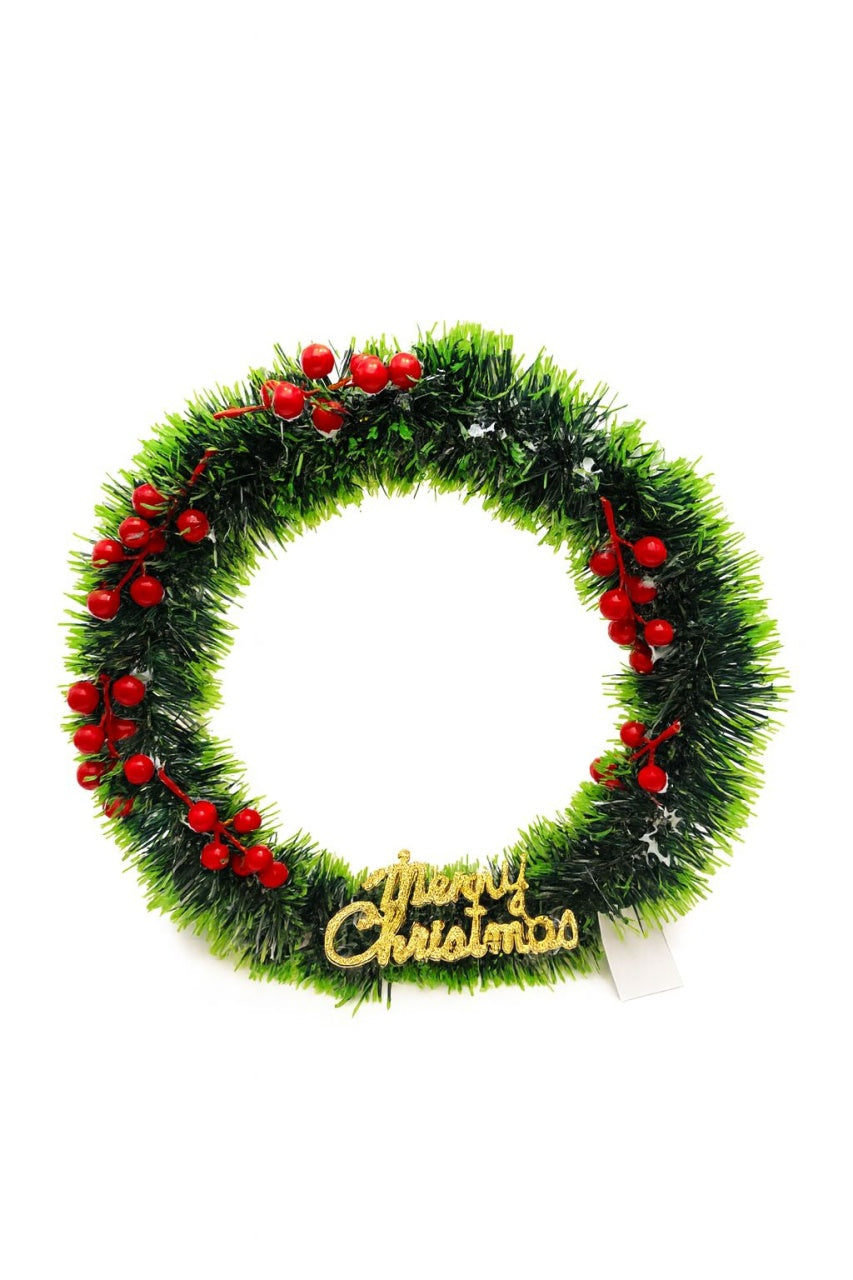 COROANA DECORATIVA CRACIUN VERDE CU BOABE ROSII SI MERRY CHRISTMAS, 30cm