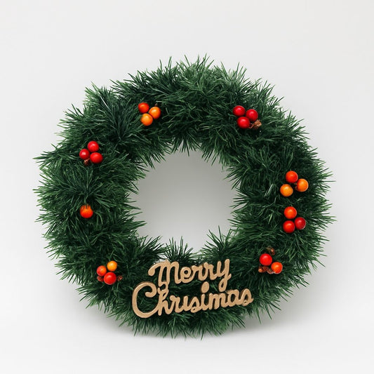 COROANA DECORATIVA CRACIUN VERDE CU BOABE SI MERRY CHRISTMAS, 30cm