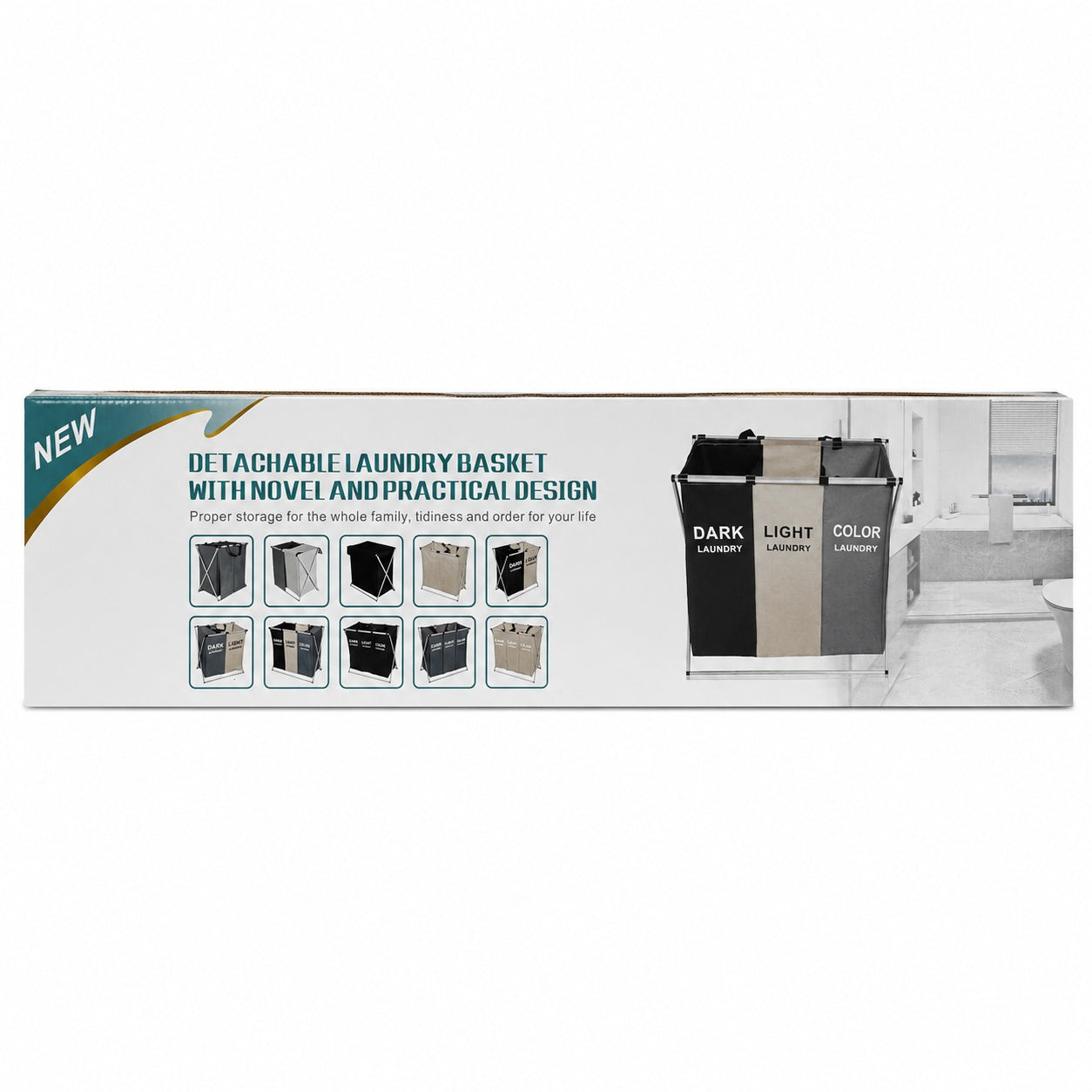 Cos de rufe pliabil cu 3 compartimente pentru sortare haine Dark Light Color