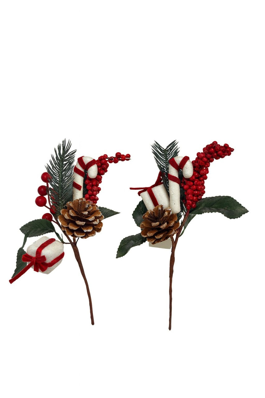 Crenguta decorativa Craciun cu con, fructe rosii si cadouri mini 28cm