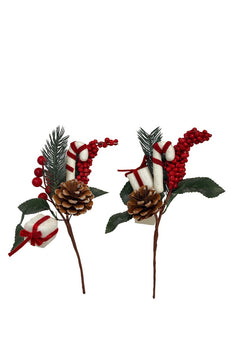 Crenguta decorativa Craciun cu con, fructe rosii si cadouri mini 28cm