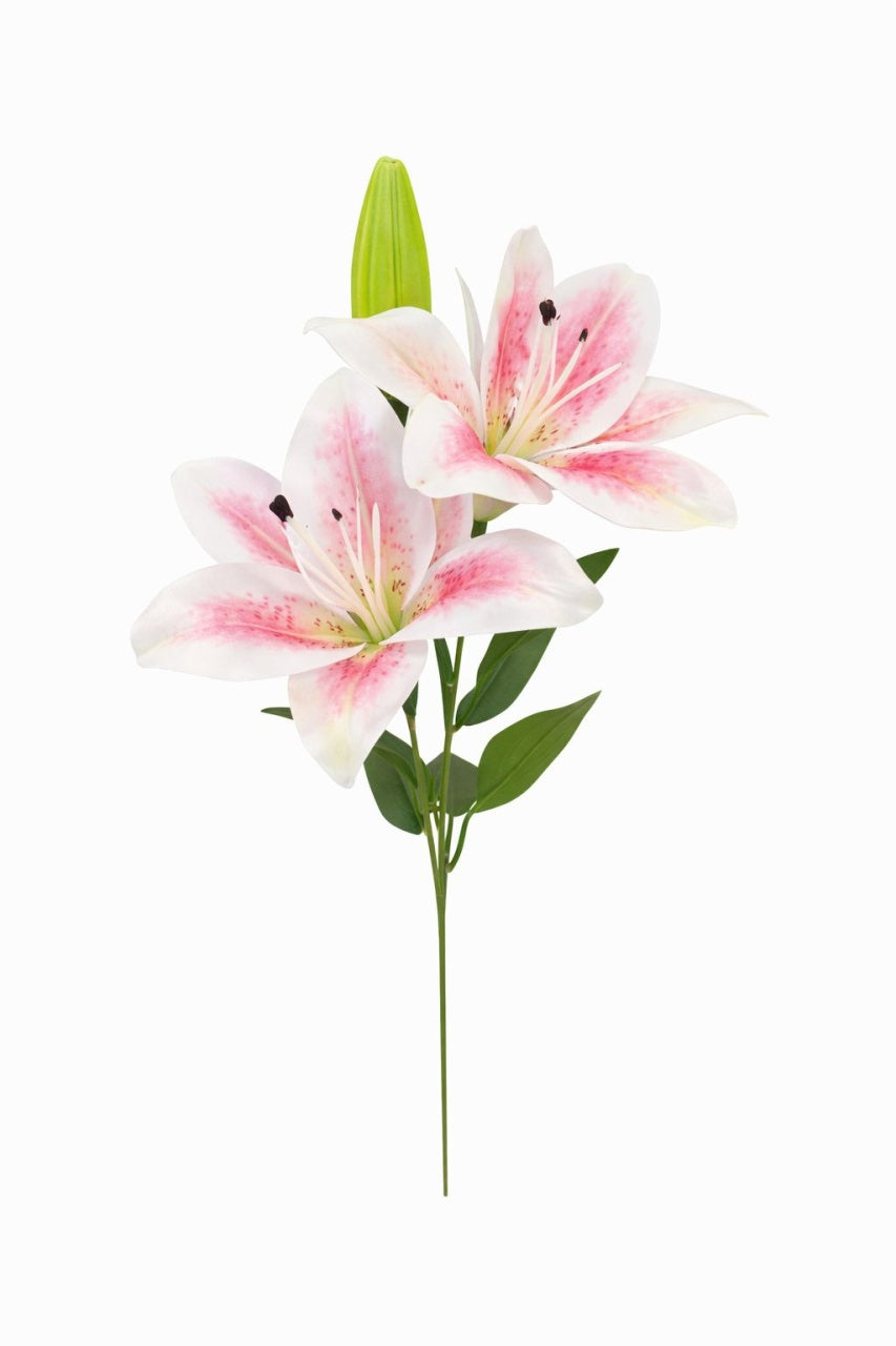 Crin artificial alb cu roz elegant, 2 flori si boboc pe fir unic 63 cm
