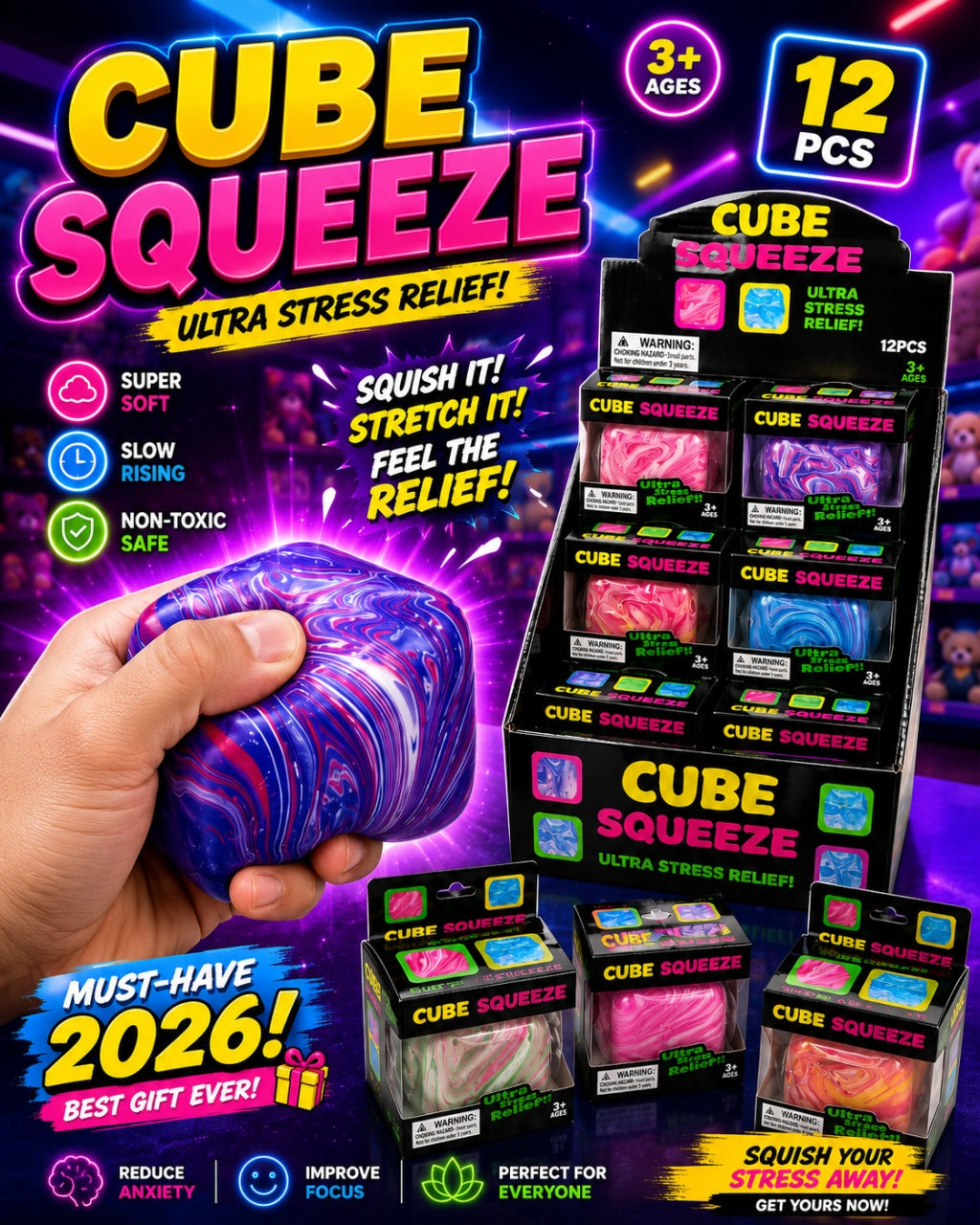 Cub Antistres Squishy Marble, Jucarie Senzoriala Moale, Elastica, Model Colorat