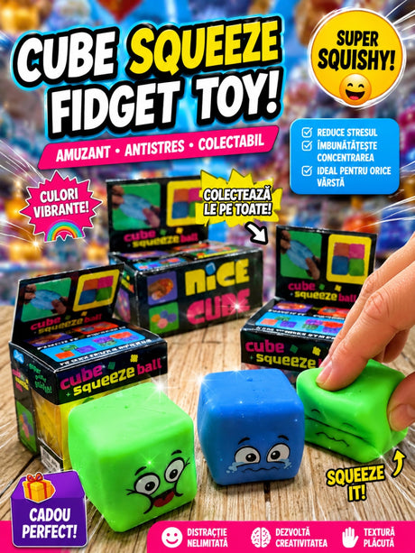 Cub Squishy Antistres cu Fata Amuzanta, Jucarie Senzoriala Moale si Colorata