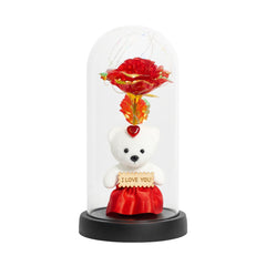 Cupola 22x11cm cu Ursulet Rosu Elegant si Trandafir Multicolor LED , Cadou Romantic