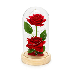 Cupola cu 2 Trandafiri Rosii din Plastic cu Lumini LED si Baza Lemn Premium