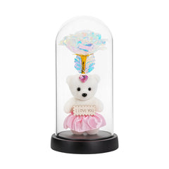 Cupola cu Ursulet Roz si Trandafir Auriu LED, Aranjament Cadou 22x11cm
