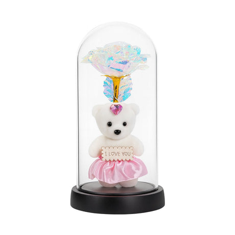 Cupola cu Ursulet Roz si Trandafir Auriu LED, Aranjament Cadou 22x11cm