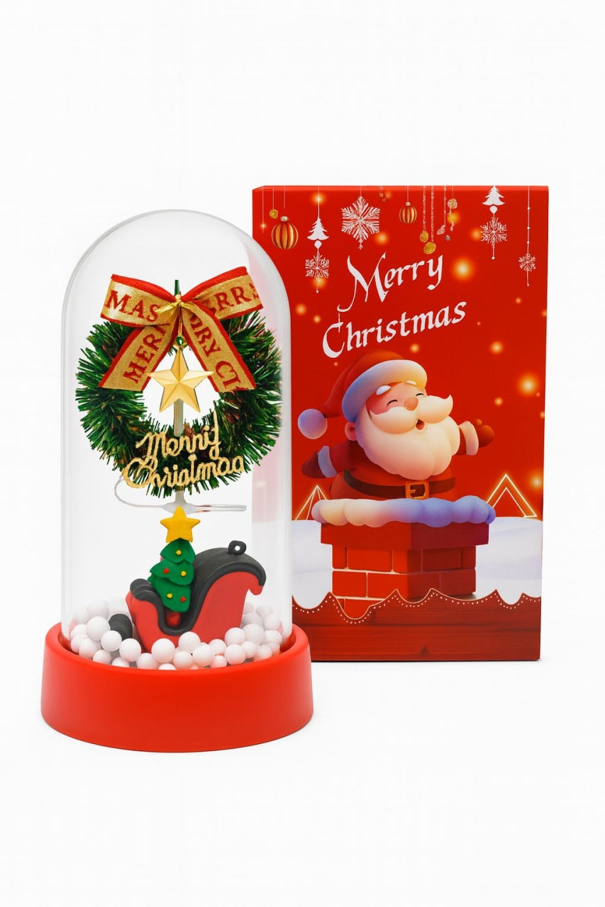 Cupola decorativa cu lumini model coronita, saniuta si mesaj Merry Christmas , model luminos, 15x9cm