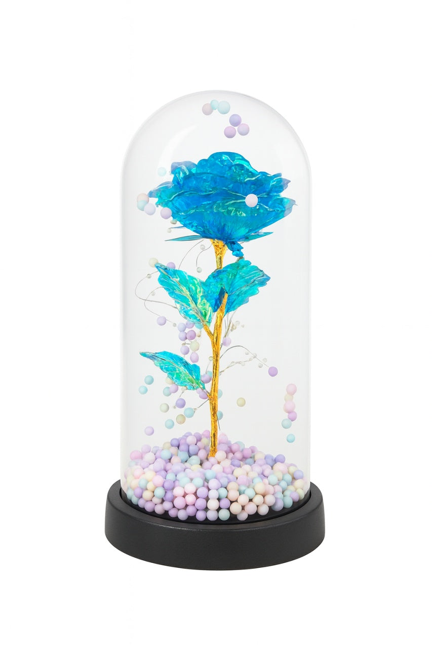 Cupola decorativa cu trandafir acrilic albastru, bile pastel si lumini LED, 22x11 cm