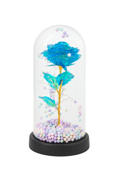 Cupola decorativa cu trandafir acrilic albastru, bile pastel si lumini LED, 22x11 cm