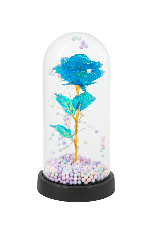 Cupola decorativa cu trandafir acrilic albastru, bile pastel si lumini LED, 22x11 cm