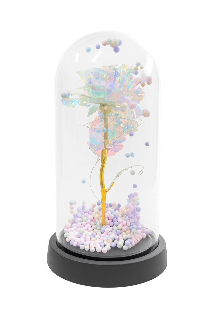 Cupola decorativa cu trandafir acrilic irizat, bile pastel si lumini LED, 22x11 cm
