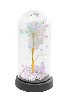 Cupola decorativa cu trandafir acrilic irizat, bile pastel si lumini LED, 22x11 cm