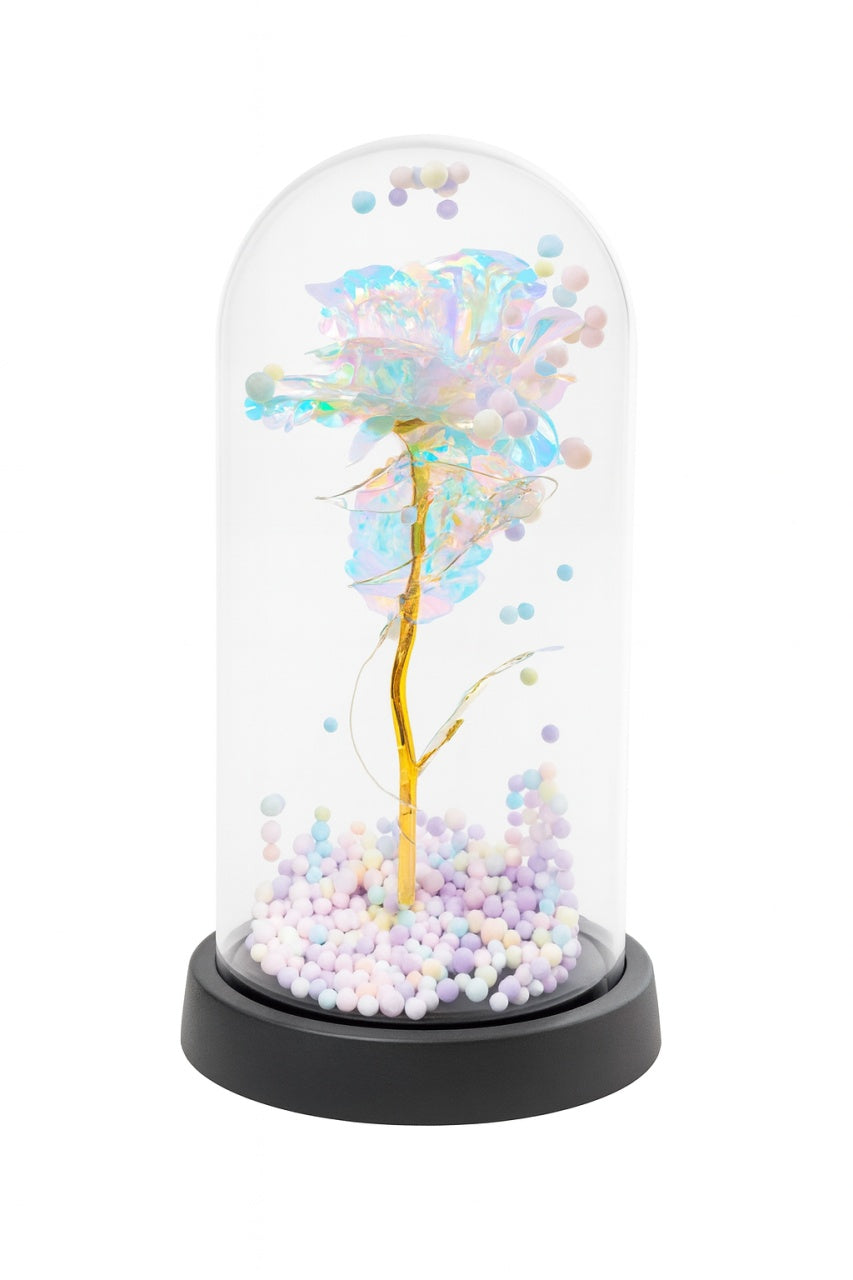 Cupola decorativa cu trandafir acrilic irizat, bile pastel si lumini LED, 22x11 cm