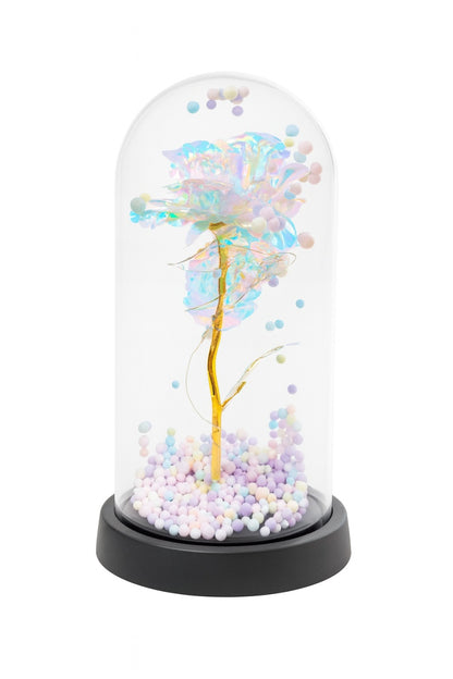 Cupola decorativa cu trandafir acrilic irizat, bile pastel si lumini LED, 22x11 cm