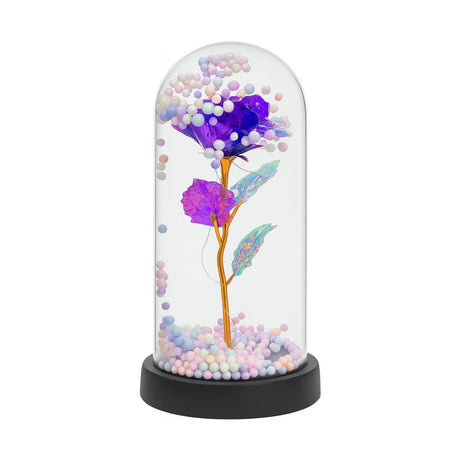 Cupola decorativa cu trandafir acrilic mov, bile pastel si lumini LED, 22x11 cm