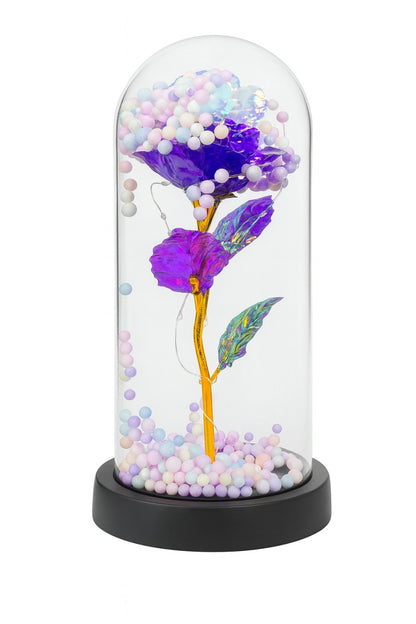 Cupola decorativa cu trandafir acrilic mov, bile pastel si lumini LED, 22x11 cm