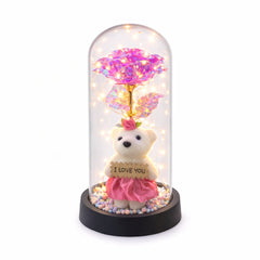 Cupola decorativa cu ursulet, floare artificiala LED si mesaj I Love You, baterii neincluse, 20 x 10 cm