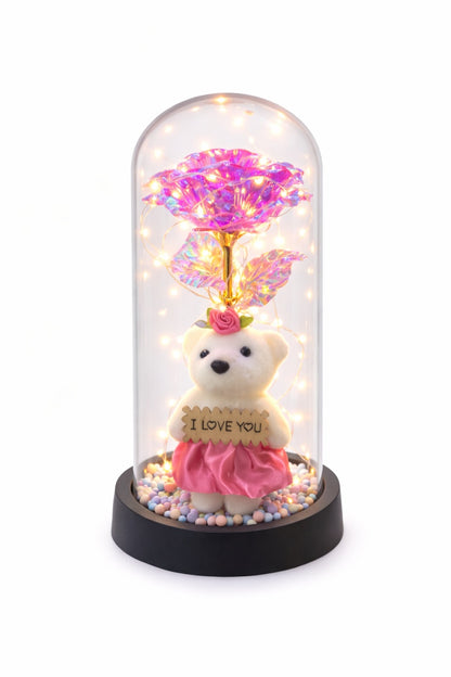 Cupola decorativa cu ursulet, floare artificiala LED si mesaj I Love You, baterii neincluse, 20 x 10 cm