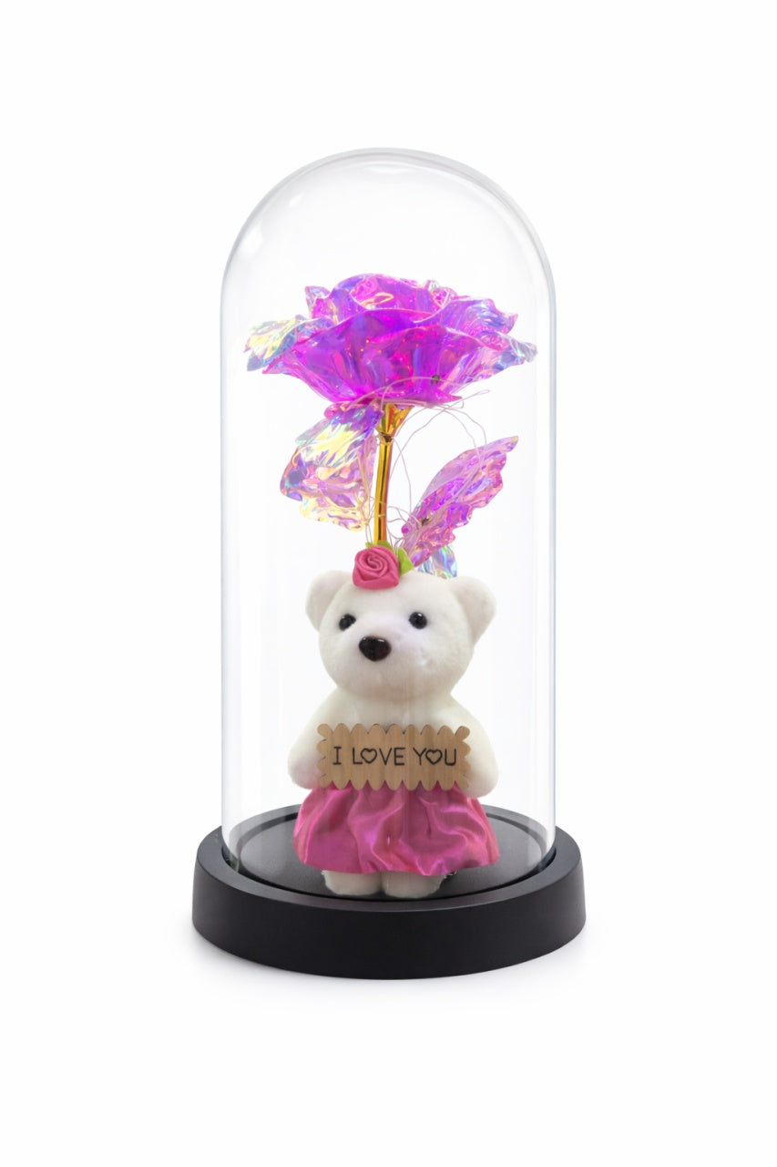 Cupola decorativa cu ursulet, floare artificiala LED si mesaj I Love You, baterii neincluse, 20 x 10 cm