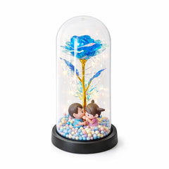 Cupola plastic cu trandafir albastru LED si 2 indragostiti, 20 cm, cutie cadou