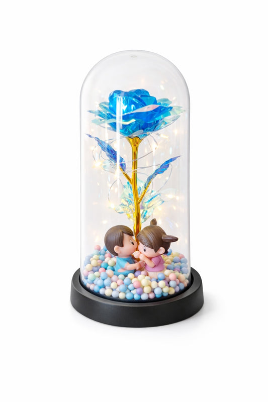 Cupola plastic cu trandafir albastru LED si 2 indragostiti, 20 cm, cutie cadou