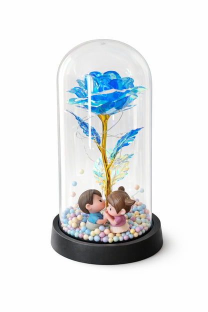 Cupola plastic cu trandafir albastru LED si 2 indragostiti, 20 cm, cutie cadou