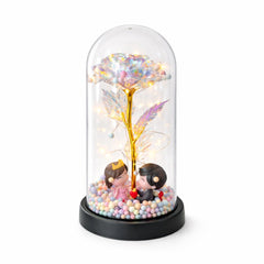 Cupola plastic cu trandafir irizat LED si 2 indragostiti, 20 cm, cutie cadou