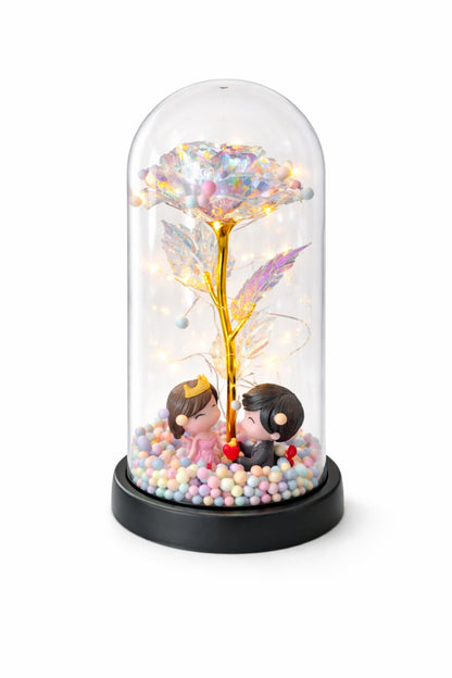 Cupola plastic cu trandafir irizat LED si 2 indragostiti, 20 cm, cutie cadou