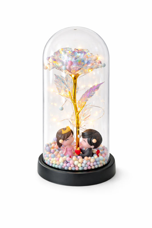 Cupola plastic cu trandafir irizat LED si 2 indragostiti, 20 cm, cutie cadou