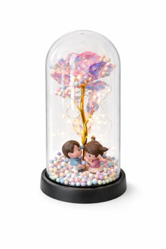 Cupola plastic cu trandafir irizat LED si 2 indragostiti, 20 cm, cutie cadou