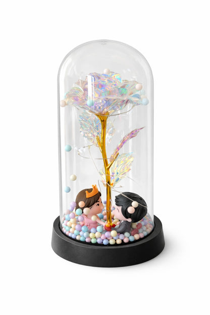 Cupola plastic cu trandafir irizat LED si 2 indragostiti, 20 cm, cutie cadou