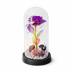 Cupola plastic cu trandafir mov LED si 2 indragostiti, 20 cm, cutie cadou