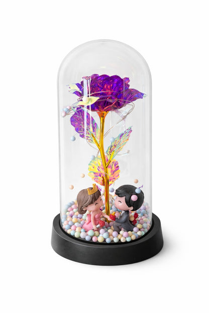 Cupola plastic cu trandafir mov LED si 2 indragostiti, 20 cm, cutie cadou