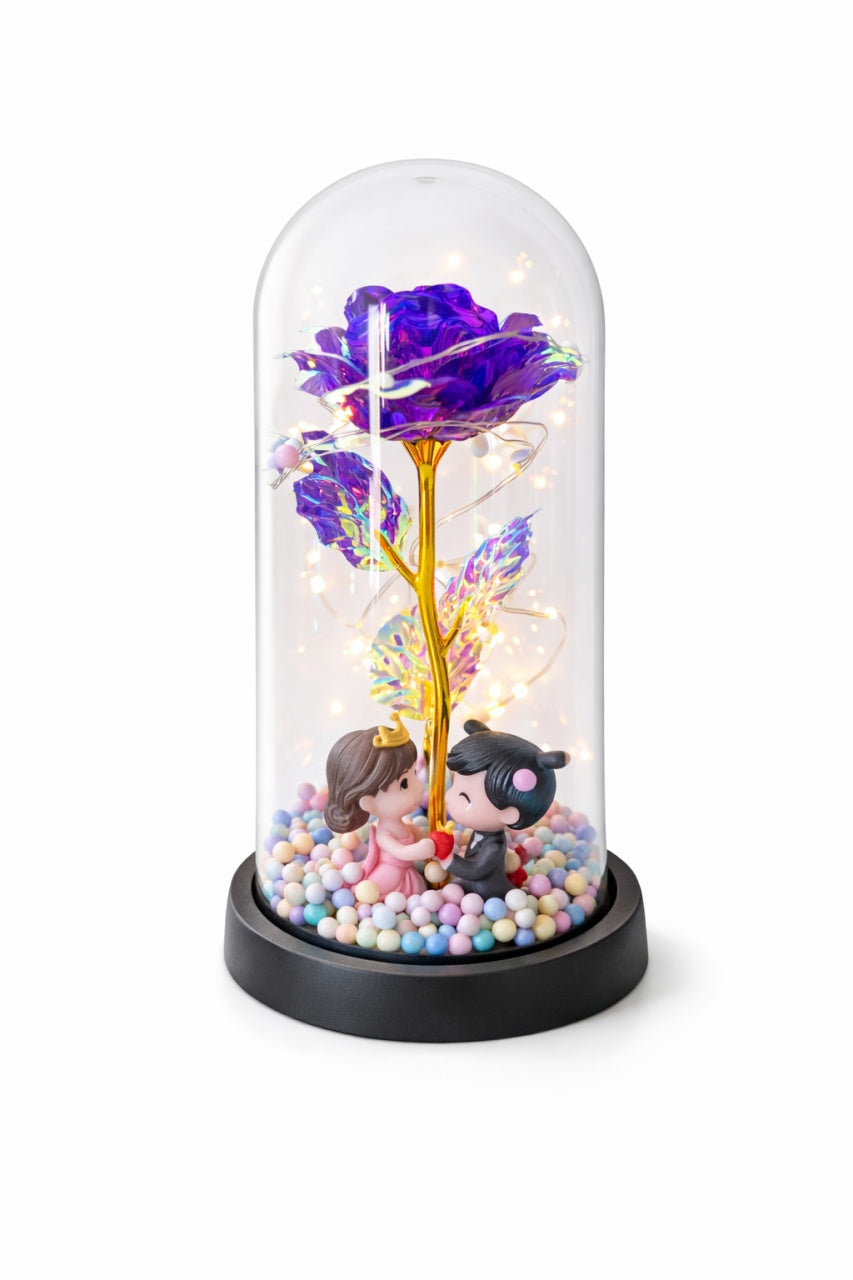 Cupola plastic cu trandafir mov LED si 2 indragostiti, 20 cm, cutie cadou