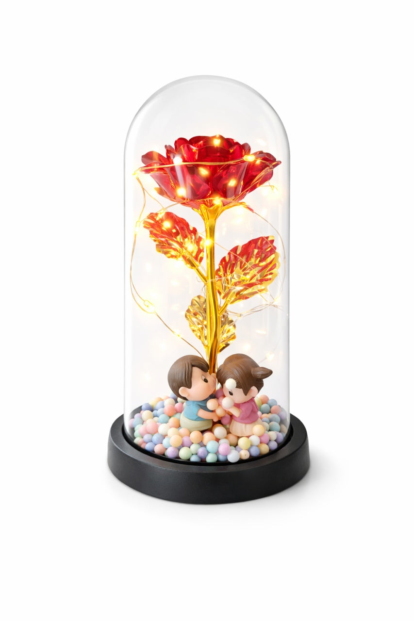 Cupola plastic cu trandafir rosu LED si 2 indragostiti, 20 cm, cutie cadou