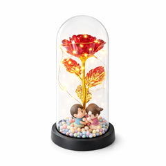 Cupola plastic cu trandafir rosu LED si 2 indragostiti, 20 cm, cutie cadou