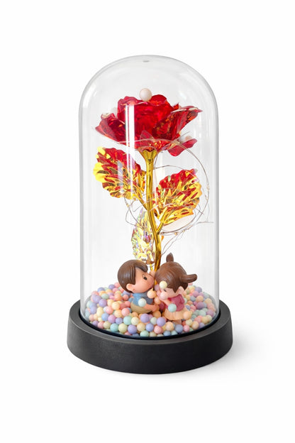 Cupola plastic cu trandafir rosu LED si 2 indragostiti, 20 cm, cutie cadou