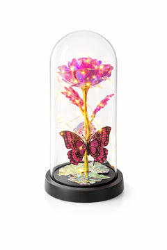 Cupola plastic cu trandafir roz LED si fluture, decor luminos elegant, 20 cm, cutie cadou inclusa