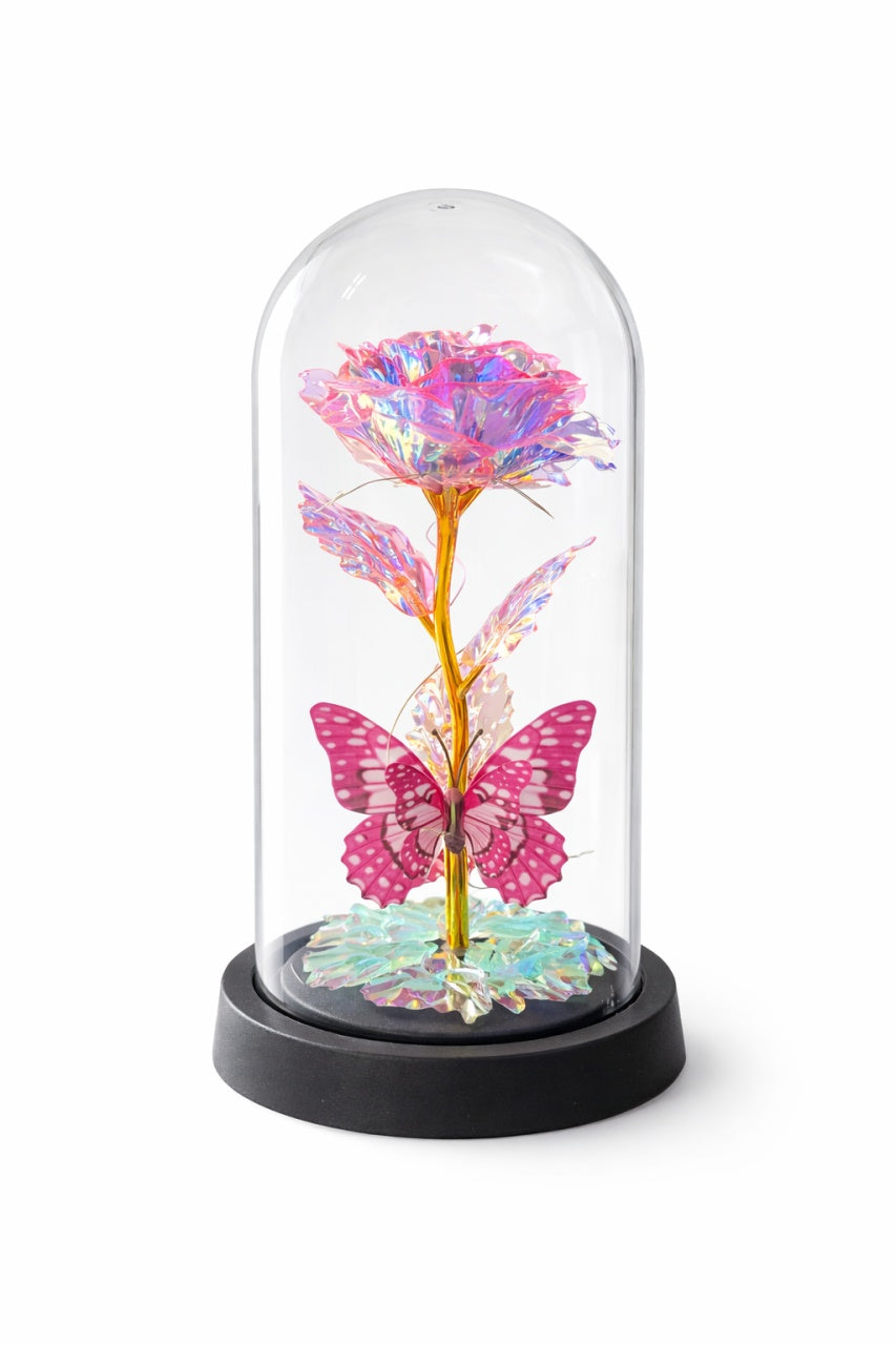Cupola plastic cu trandafir roz LED si fluture, decor luminos elegant, 20 cm, cutie cadou inclusa