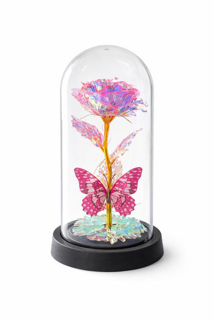 Cupola plastic cu trandafir roz LED si fluture, decor luminos elegant, 20 cm, cutie cadou inclusa