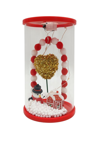 Cupola transparenta cu lumnini model om de zapada, casuta, inima aurie si lumini LED , model decorativ cu zapada artificiala, 17.5x11.5x11.5cm
