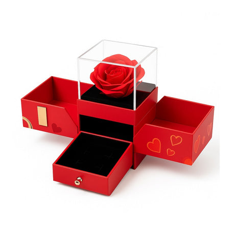 Cutie cadou rosie cu trandafir de sapun in cub transparent si sertare, model premium, 11x9.5x9.5 cm