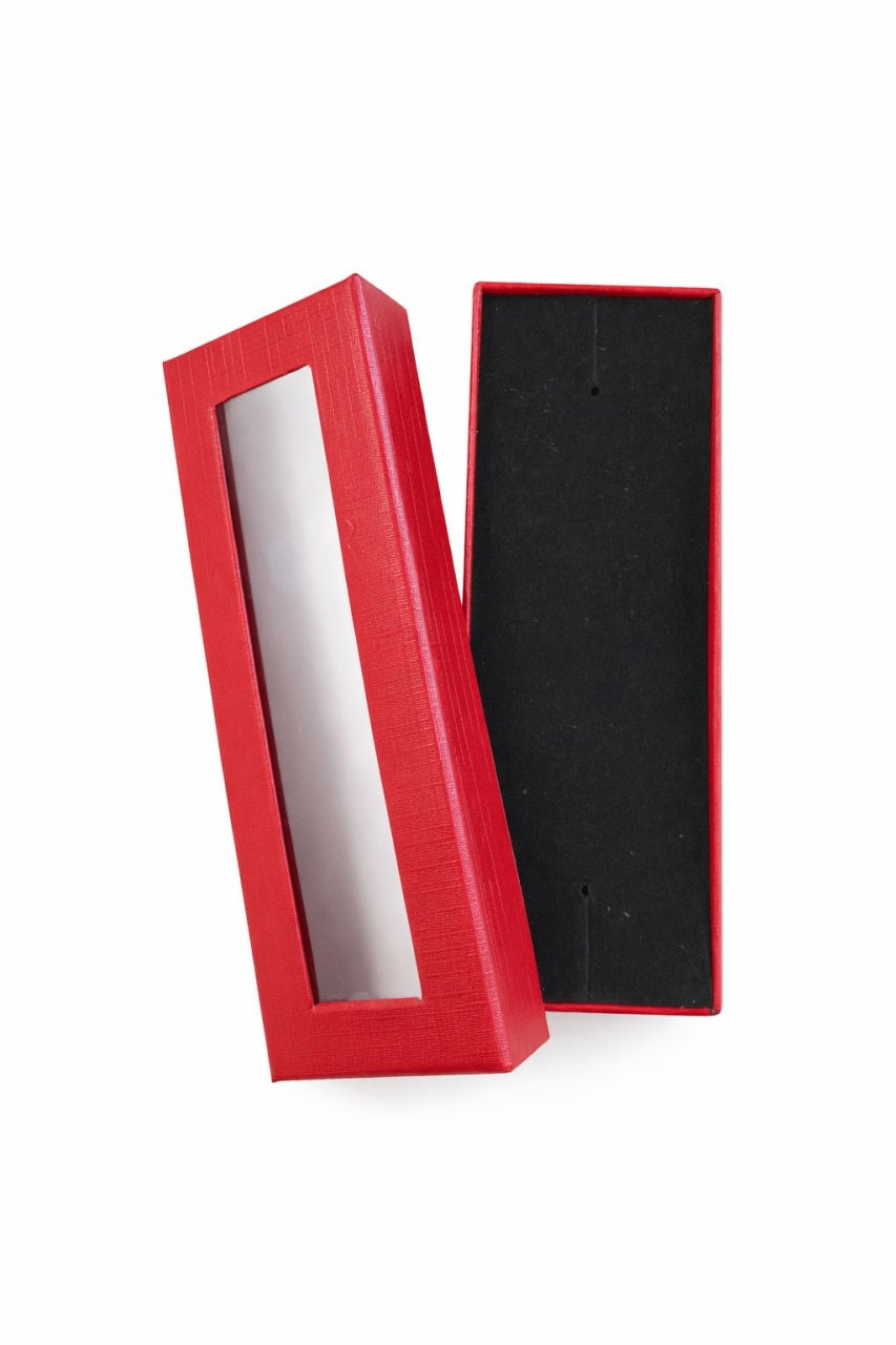 Cutie carton rosie cu fereastra 4x12x2 cm, interior negru, pentru martisor sau bijuterii